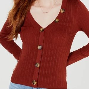 Juniors Brown Stretch Cropped Button Up Sweater